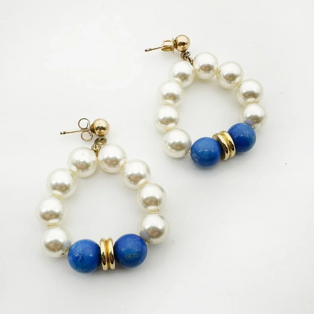Vintage Faux Pearl Lapis Lazuli Bead Half Hoop Drop‎ Earrings Gold Tone